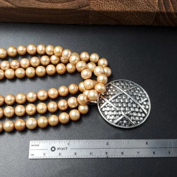 20 Inch Sterling Silver Triple Strings Of Pearls And Woven Pendant Necklace - Picture 6 of 7